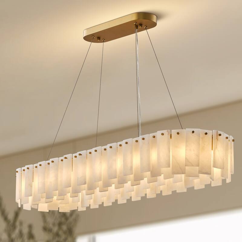 Modern Layered Alabaster Slice Chandelier, Round or Linear Pendant Light, D600-L1200 - Gold - 48in