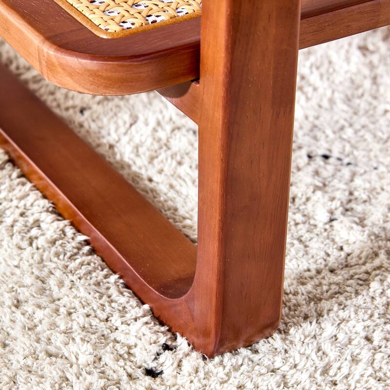 Roomfitters Walnut Solid Wood Coffee Table with Rattan Shelf, Glass Top Rectangle Tea Table for Living Room or Bedroom