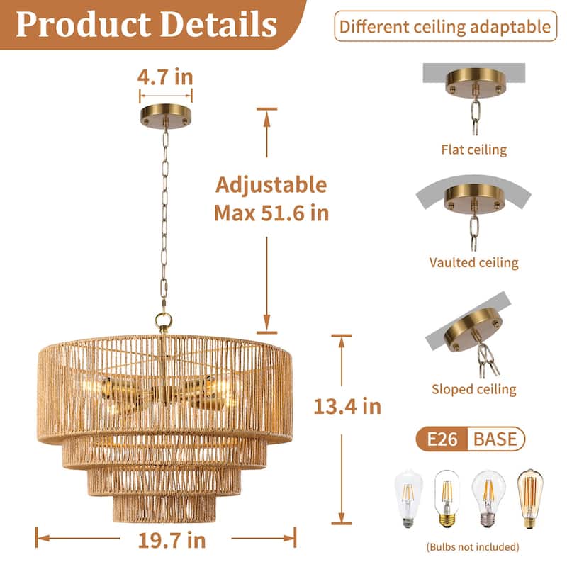 4-Light Dimmable Hand-Woven Rattan Tiered Chandelier