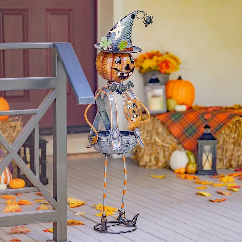 Metal Pumpkin Witch with Jack-O-Lantern Candy Holder Decoration