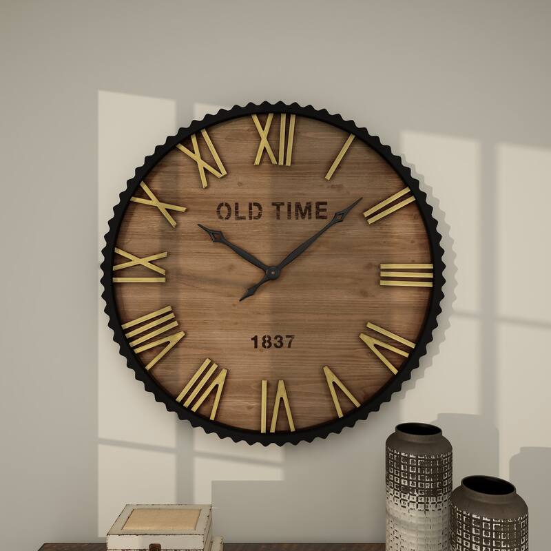 Brown Wooden Decorative Wall Clock with Gold Accents