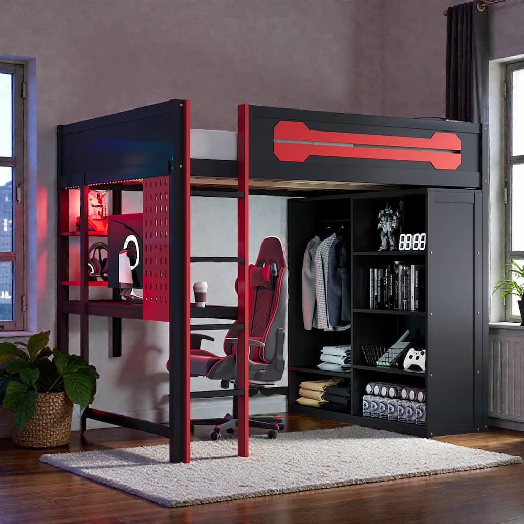 Full Size Wood Loft Bed with Desk, Open Wardrobe and Shelves, RGB LED Light, USB Ports and Power Outlets