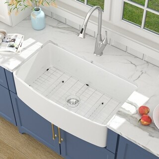 Lordear 30/33" Ceramic Sink Undermount Farmhouse White Apron Front Kitchen Sink with Accessories
