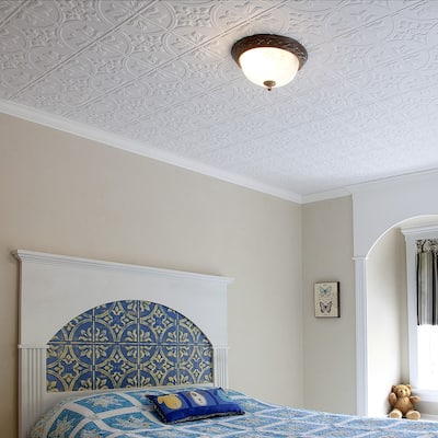 Fasade Traditional Style/Pattern #2 Decorative Vinyl 2ft x 4ft Glue Up Ceiling Tile in Matte White