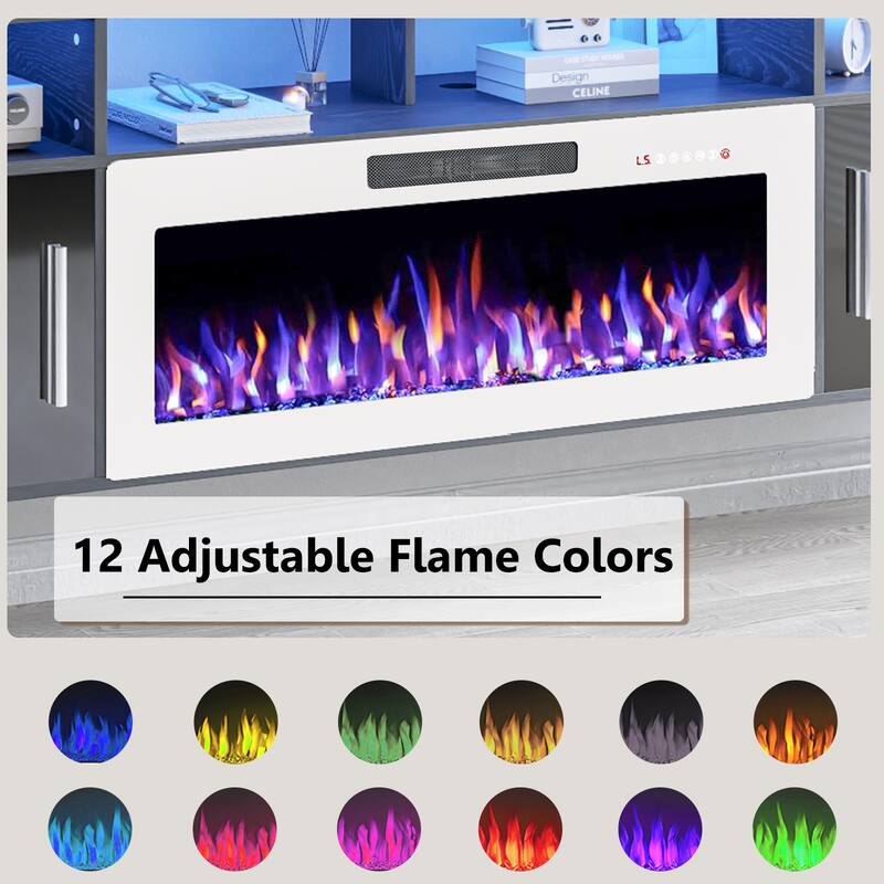 BOSSIN 80" Floating TV Stand with 36" Electric Fireplace, High Gloss Finish Wall Mounted Fireplace TV Stand with Storage