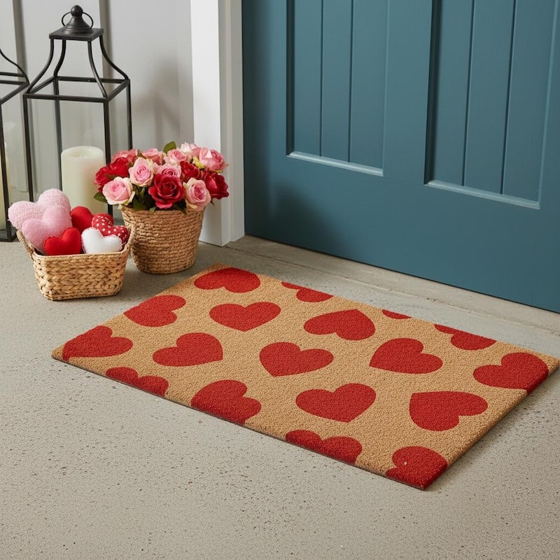 HomeRoots 24" X 36" Brown And Red Hearts Outdoor Coir Door Mat - 24.00' X '36.00 - 24.00' X '36.00