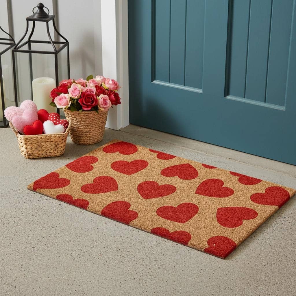HomeRoots 24" X 36" Brown And Red Hearts Outdoor Coir Door Mat - 24.00' X '36.00