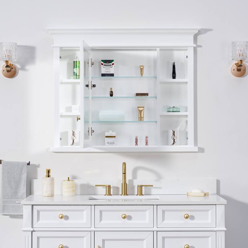 32''H Recessed Mount Solid Wood Framed Medicine Cabinet With Mirror And Shelves