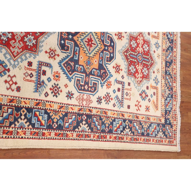 Beige / Ivory Geometric Kazak Oriental Rug Hand-Knotted Wool Carpet - 4'2" x 5'11"