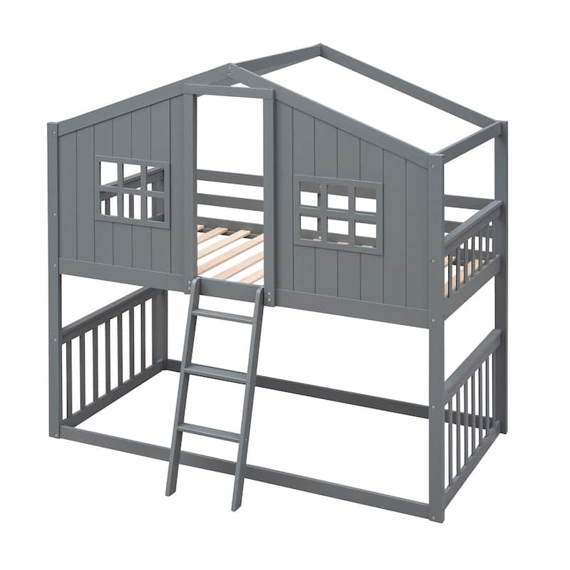 Playhouse Style Kids Bunk Bed with Fence, Twin Over Twin House Bed with Roof, Window, Ladder and Solid Pine Wood Frame