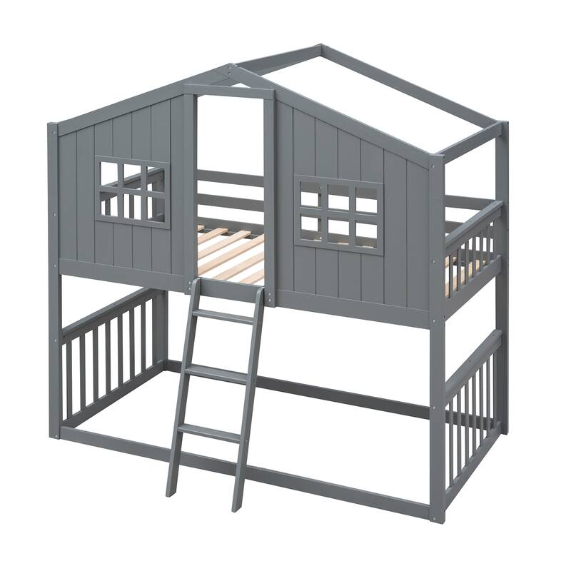 Twin Over Twin Solid Wood House Bunk Bed With Ladder and Safety Barriers Supported By Wooden