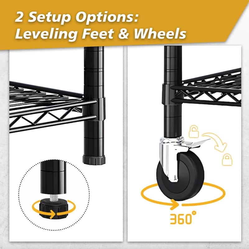 Black Adjustable 4-Layer Metal Storage Rack with Lockable Casters for Home and Commercial Use