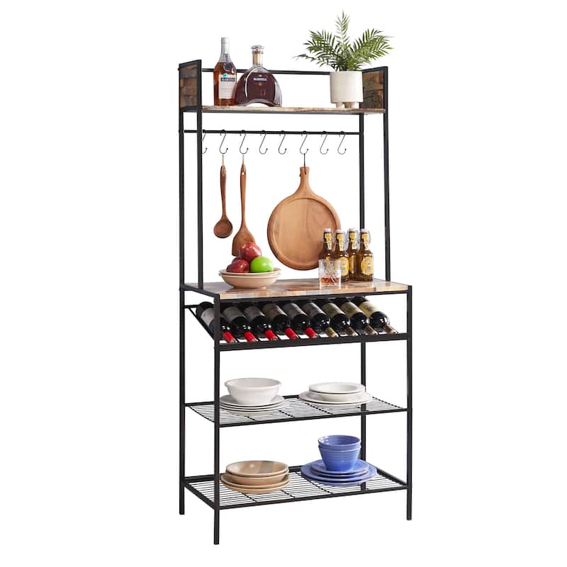 Red Tile Bakers Rack with 9 Wine Bottle Capacity Rack & 8 Hooks - Kitchen Storage Organizer, Black
