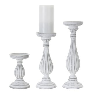 Set of 3 Distressed White Pillar Candle Holders 13.5