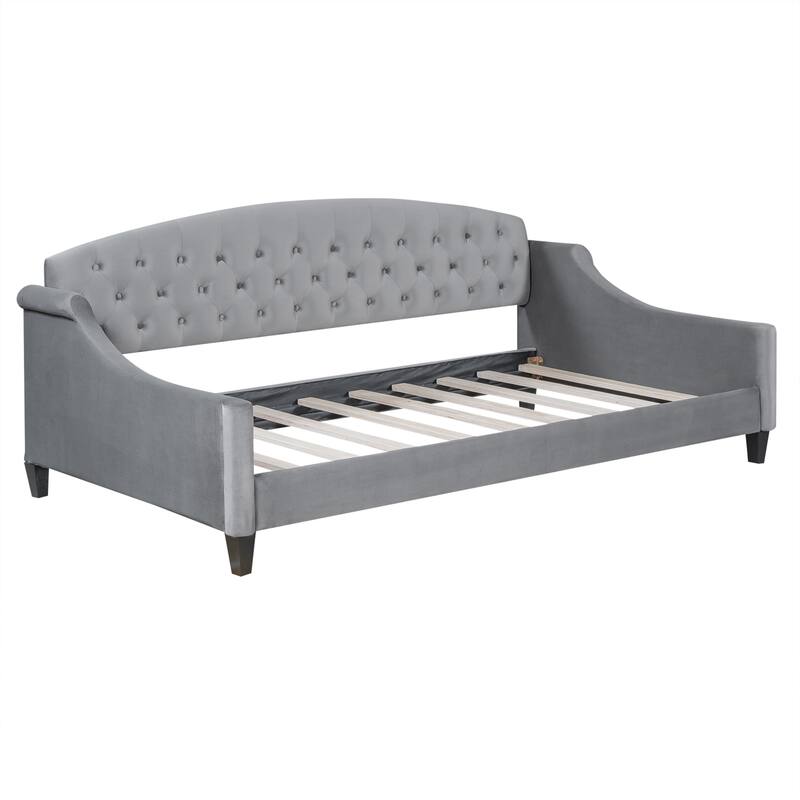 Luxury Velvet Living Room Daybed, Wooden Platform Sofa Bed with Tufted Button Backrest