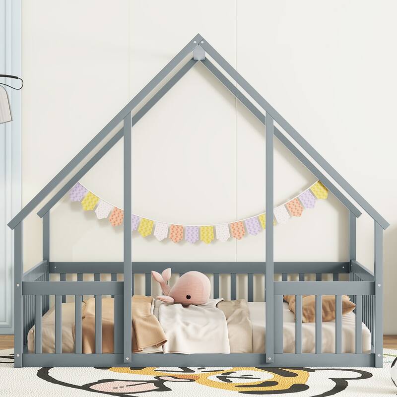 Full Size House-Shaped Floor Bed with Safety Guardrails, Pine Wood Structure, Fun & Safe Bed for Kids & Toddlers