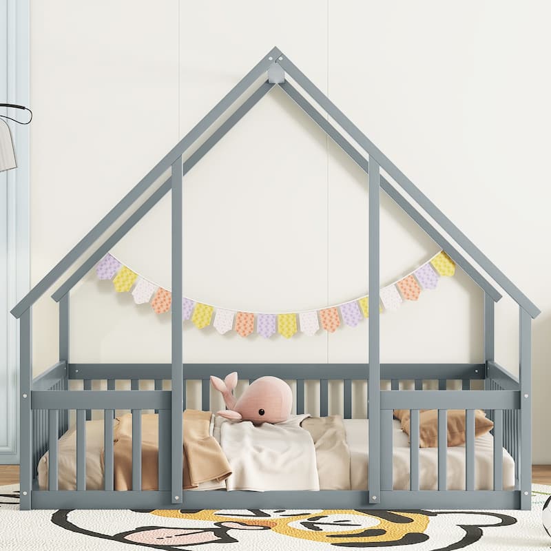 Wood House-Shaped Floor Bed with Fence, Guardrails