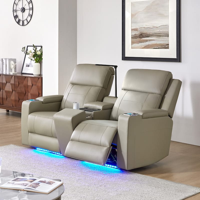 Victoria 71.26" Wide Genuine Leather Home Theater Seating with Ambient Lighting and Storage by HULALA HOME