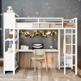Metal Loft Bed with Wardrobe and L-shaped Desk, Full Size Loft Bed with Storage Cubes, Heavy Duty for Kids Teens Adults
