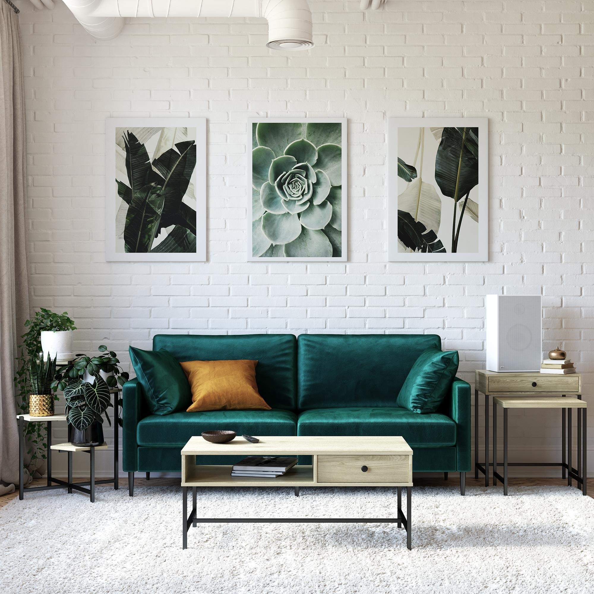 Roomfitters Brookville Coffee Table with Pass-Through Shelf and Side Drawer, Natural Wood