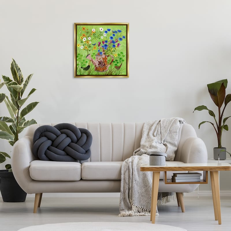 Stupell Bright Gardening Can & Birds Framed Floater Canvas Wall Art Design By Kay Widdowson