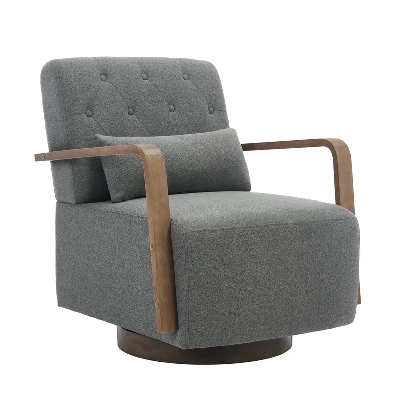 Solid Wood Swivel Accent Chair with Armrests and Lumbar Pillow - 360° Rotation