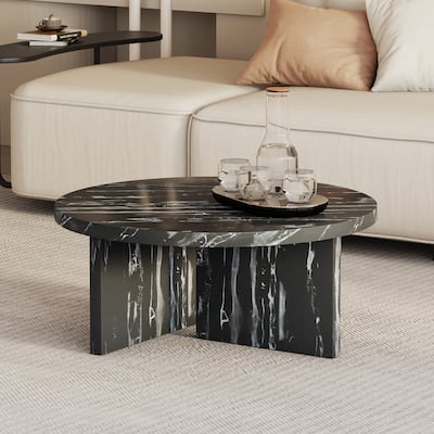 Black MDF material circular coffee table with texture, 31.4 inch black middle table, modern tea table