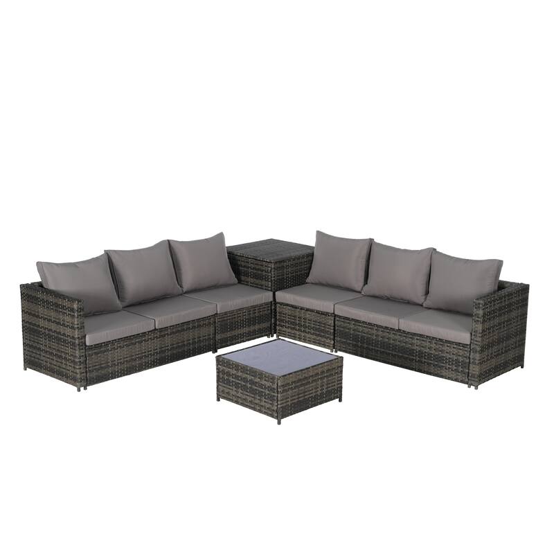 6-Piece Outdoor Patio Wicker Sectional Sofa Set with Corner Table & Glass Top Table
