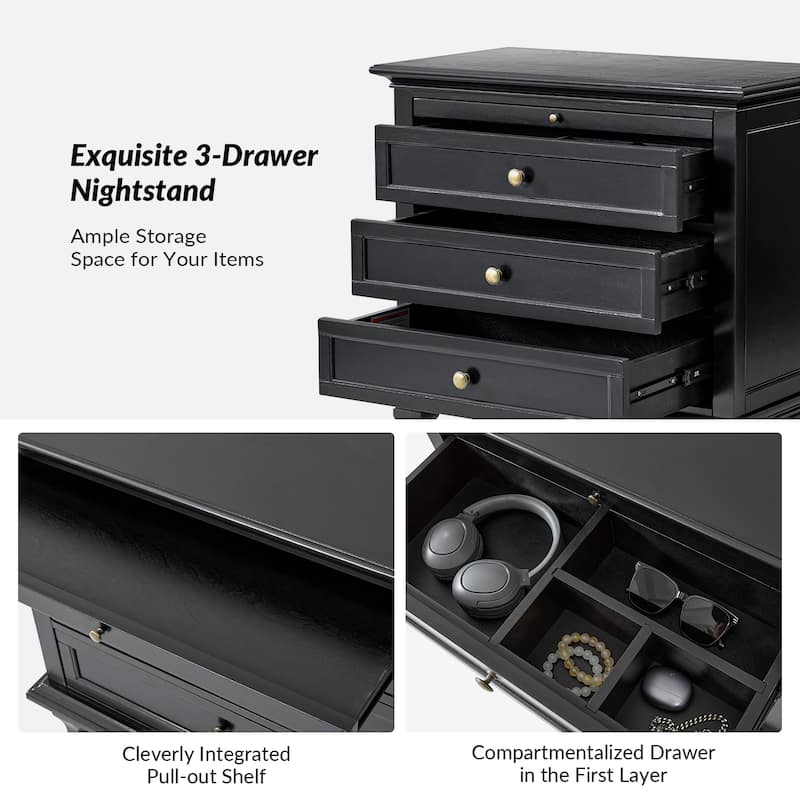 Muriel Farmhouse 3 Drawers Nightstand with Built-In Outlets by HULALA HOME