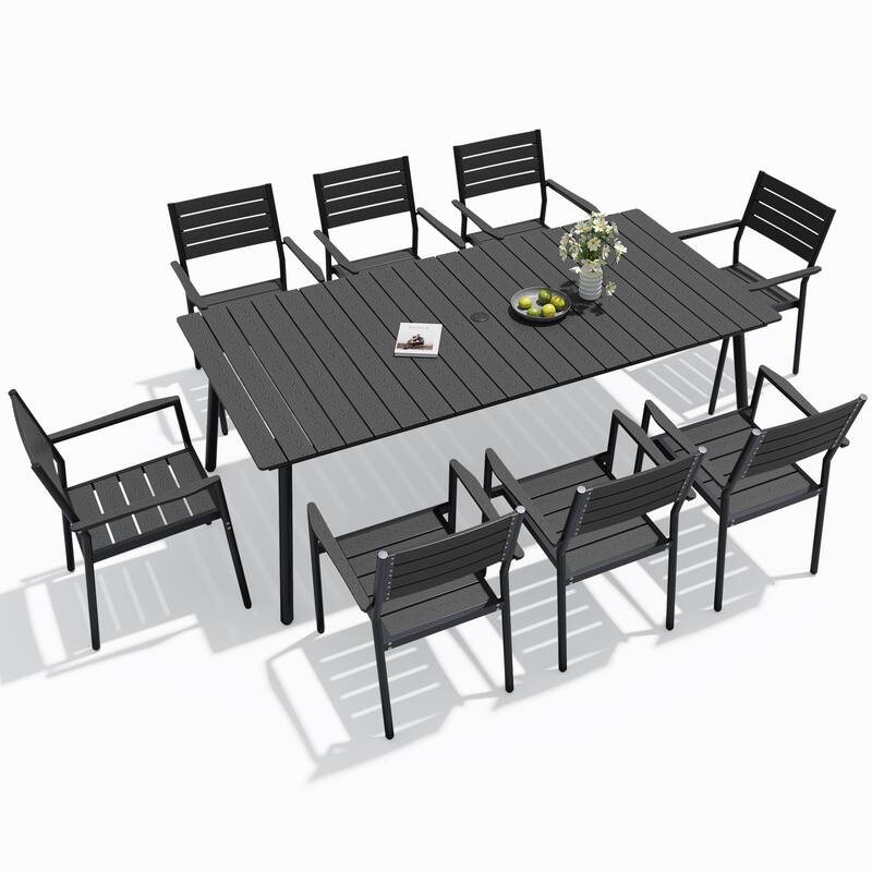 9-Piece Outdoor Patio Dining Set Wood-Like Table Top Alumium Umbrella Hole Table with Stackable Armrest Chairs