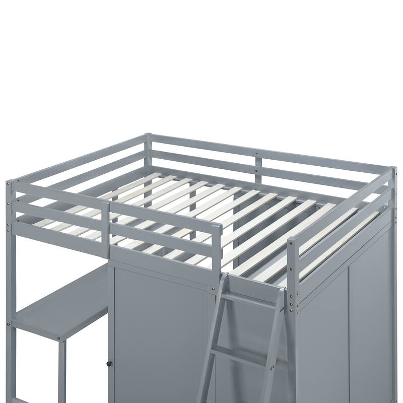 All-in-one Loft Bed with Desk, Storage Shelves and Wardrobe, Full Size