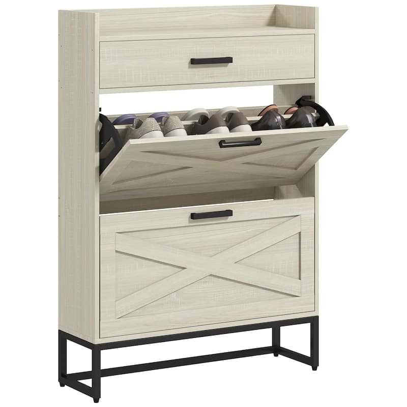 HOMCOM 2 Flip Drawers Shoe Storage Cabinet with Adjustable Shelves, and Top Drawer