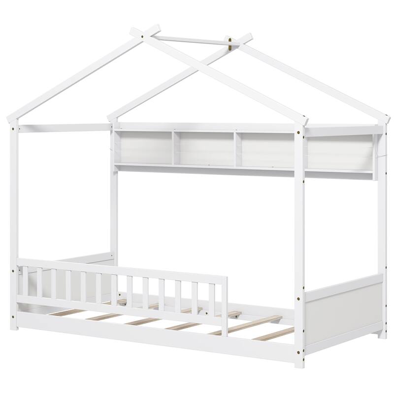 Gymax Twin Size House Bed w/Storage Shelf Headboard & Guardrail Wooden