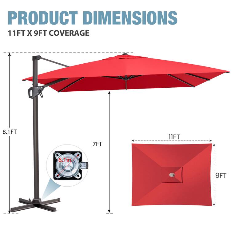 VredHom Patio Outdoor 9 FT x 11 FT Cantilever-Offset Umbrella with No Base