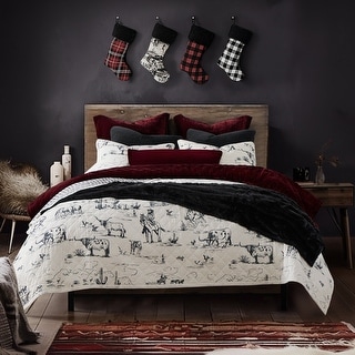 Paseo Road Ranch Life Western Cowboy White/Black 100% Cotton Rustic Toile Western Bedding 3 Piece Reversible Quilt Set