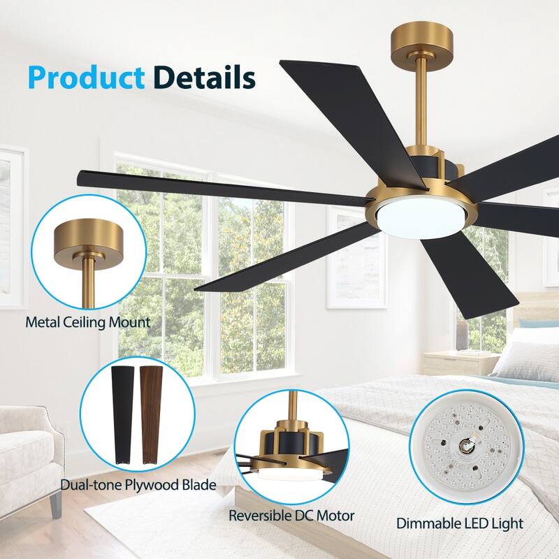 MLiAN Ceiling Fan 60inch Playwood Blades Remote Control 6-Speed DC with Integrated LED - 60''