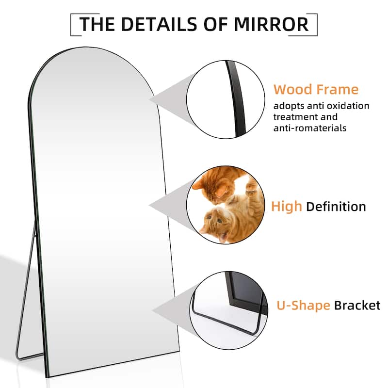 Arched Floor Mirror With Stand,Wood Frame Full Length Mirror,Wall-Mounted Mirror