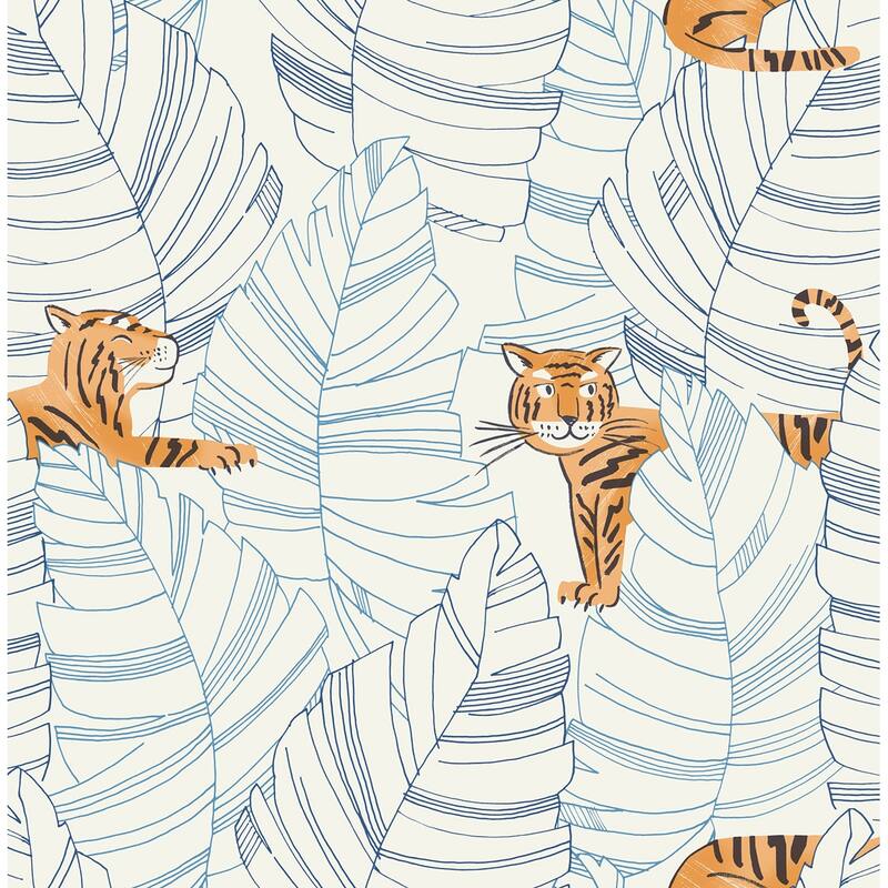 Seabrook Designs Day Dreamers Hiding Tigers Unpasted Wallpaper - 20.5 in. W x 33 ft. L - Sky Blue and Orange