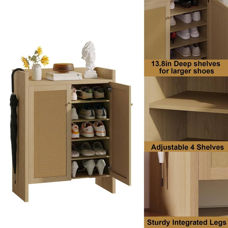 Anmytek Walnut Rattan Shoe Cabinet with Doors and 6 Tier Adjustable Shelves Wooden Entryway Shoe Organizer