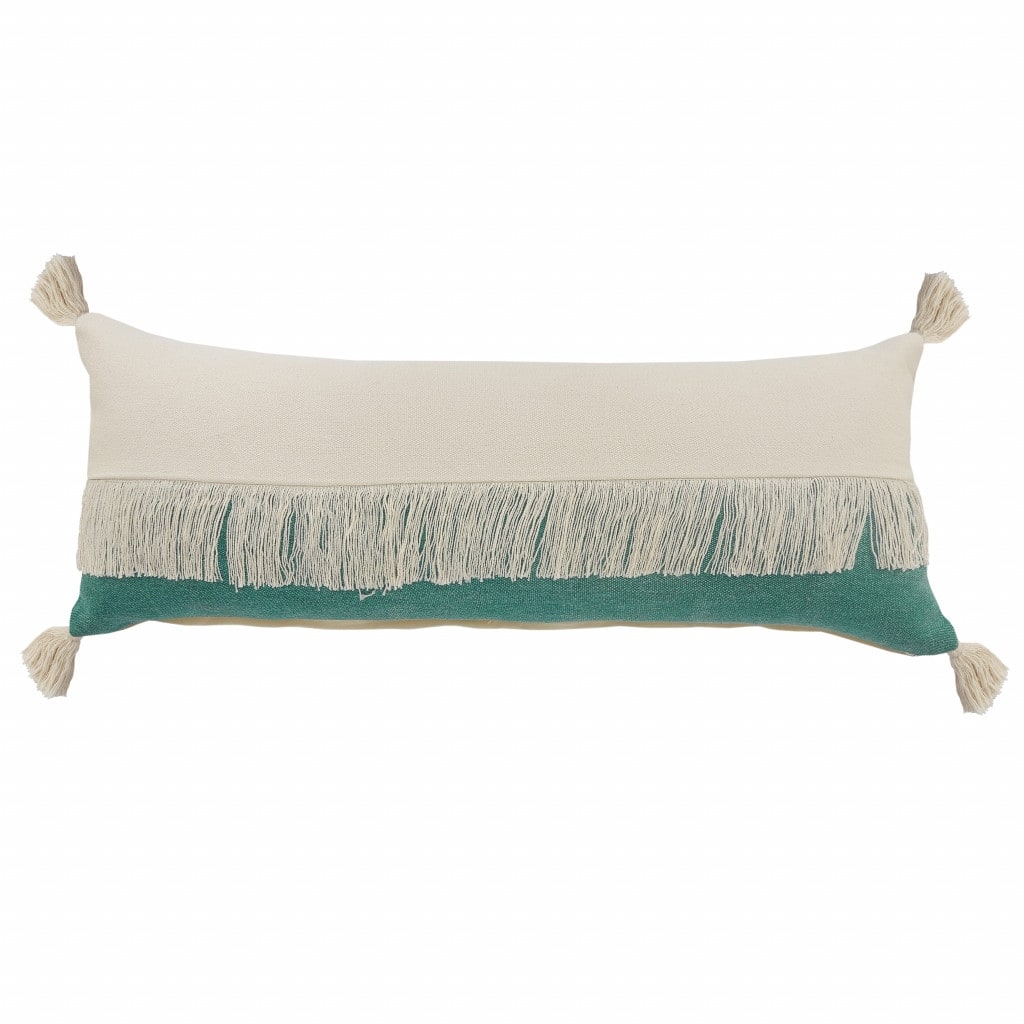 HomeRoots 14" X 36" Emerald Green And Off-White 100% Cotton Zippered Pillow
