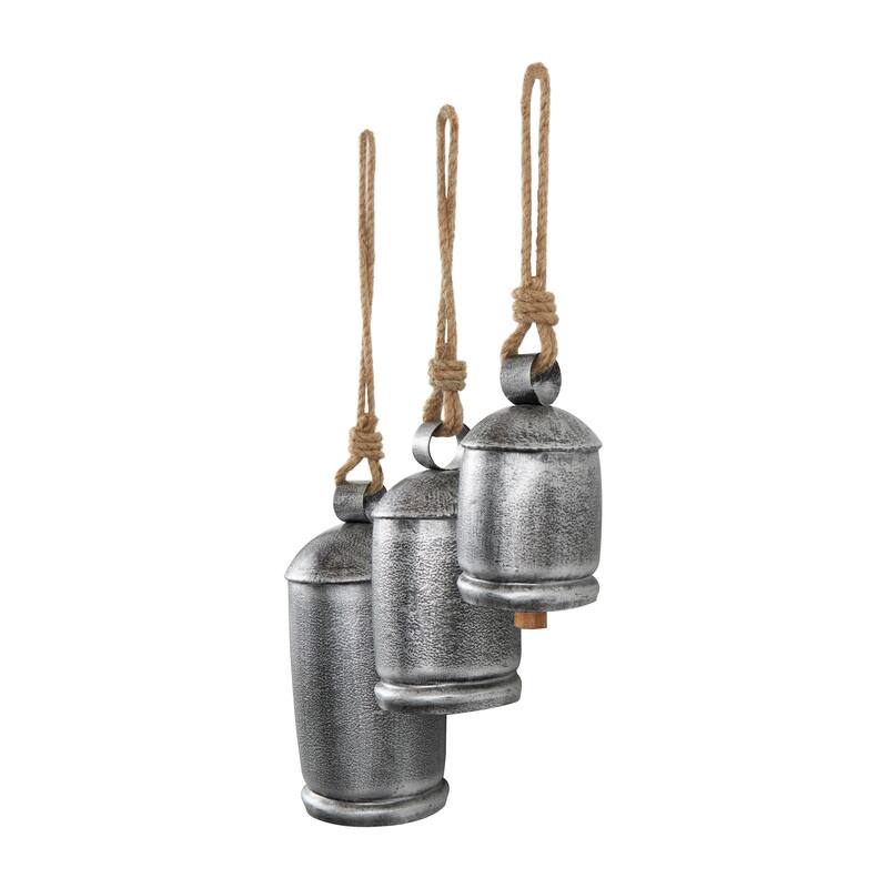 Gold, Gray, Bronze, Black or Red Metal Tibetan Inspired Decorative Cow Bells with Jute Hanging Rope (Set of 3)