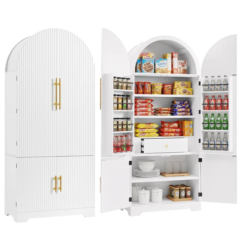 72" Tall Arched Kitchen Pantry Cabinet with 8 Door Shelves, Fluted Storage Cabinets with 3 Adjustable Shelves - White