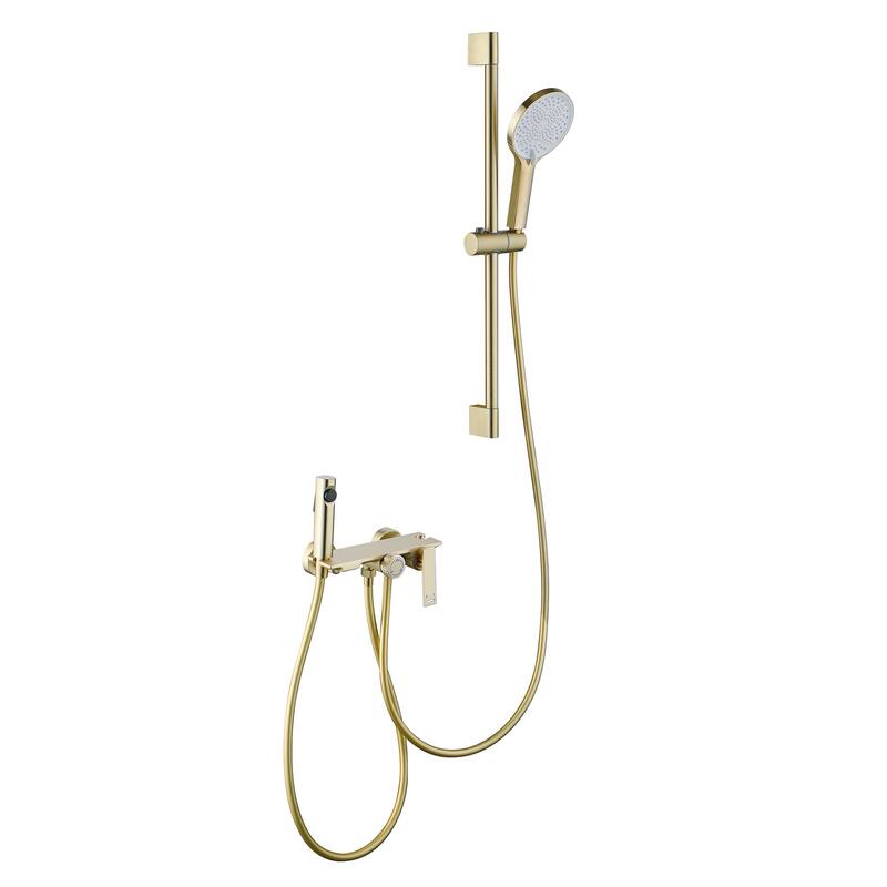 Wall Mount Tub Faucet with Hand Shower Brass Waterfall Tub Filler with Slide Bar Bahttub Faucet with Bidet Sprayer - Brushed Gold