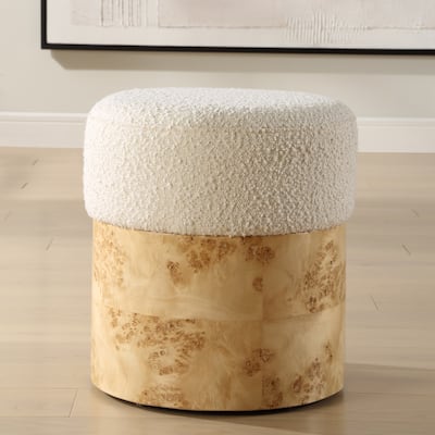 Boucle Upholstered Ottoman with Burl Veneer Wrap - 17" - White and Brown