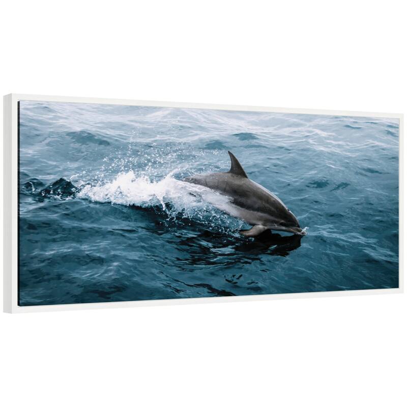 Kate and Laurel Sylvie Dolphin Skipping along in the Ocean Framed Canvas by Michael Schauer - 40x18 - White