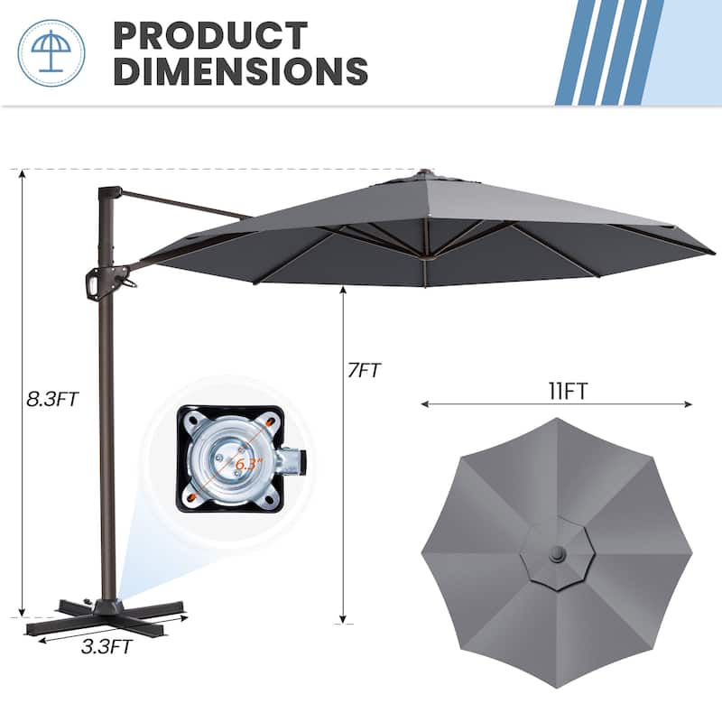 Outdoor 11 Ft Patio Cantilever Offset Umbrella with 360 Degree Rotation