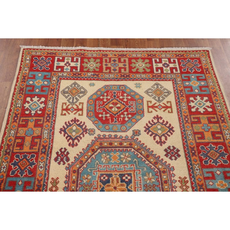 Geometric Beige Kazak Foyer Rug Hand-Knotted Oriental Wool Carpet - 4'0" x 5'11"