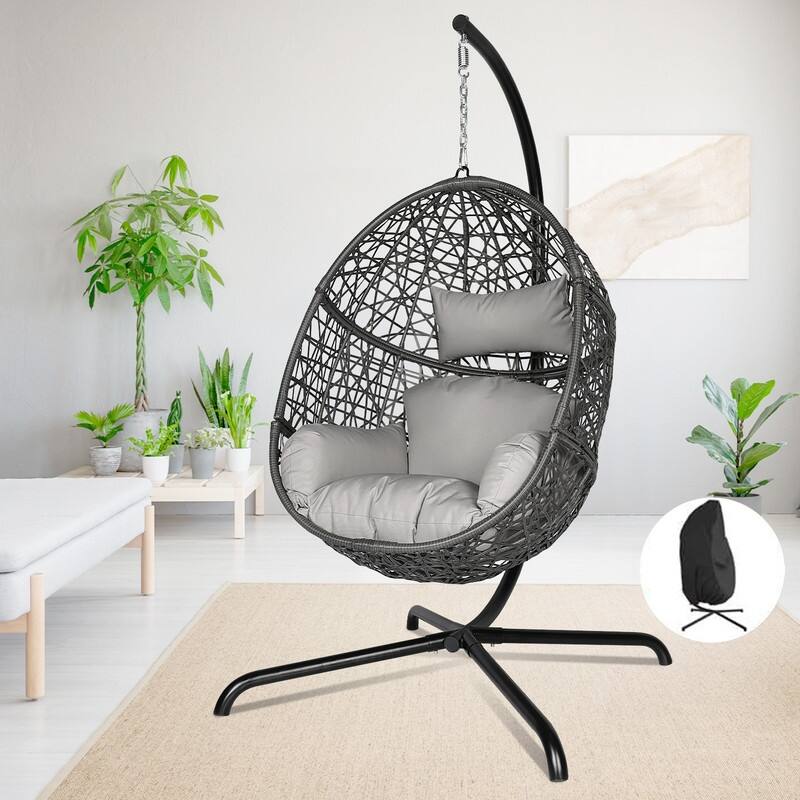 Oversized Outdoor Egg Chair with Stand, 450lbs Capacity Wicker Hanging Swing Chair, Extra Large Patio Lounge Chair with Cushions - Light Grey/Cover