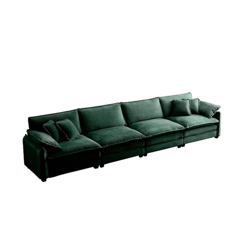 Green 150" Corduroy Upholstered 4-seater Modular Sectional Sofa with 6 Pillows, Free Combination Design