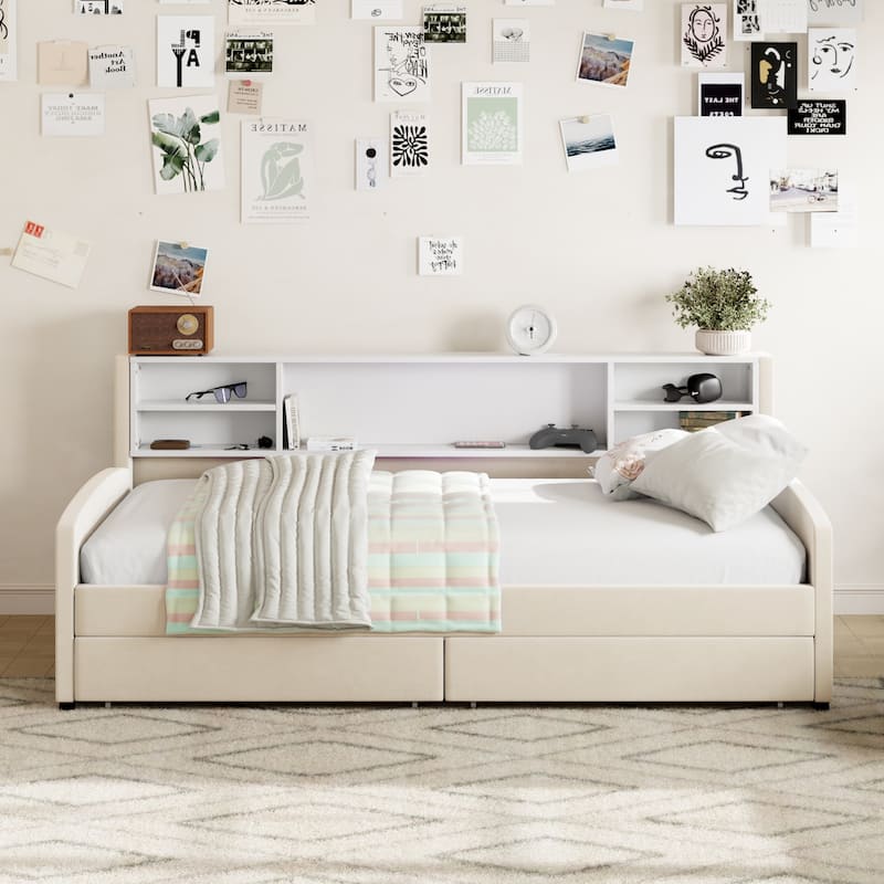 Twin Velvet Upholstered Bed Frame with Storage Drawers and Built-In Shelf, Platform Design with Plush Headboard